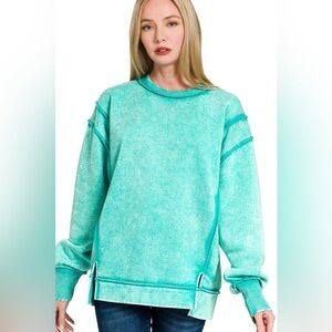 Zenana Acid Wash Exposed-seam Fleece Sweatshirt